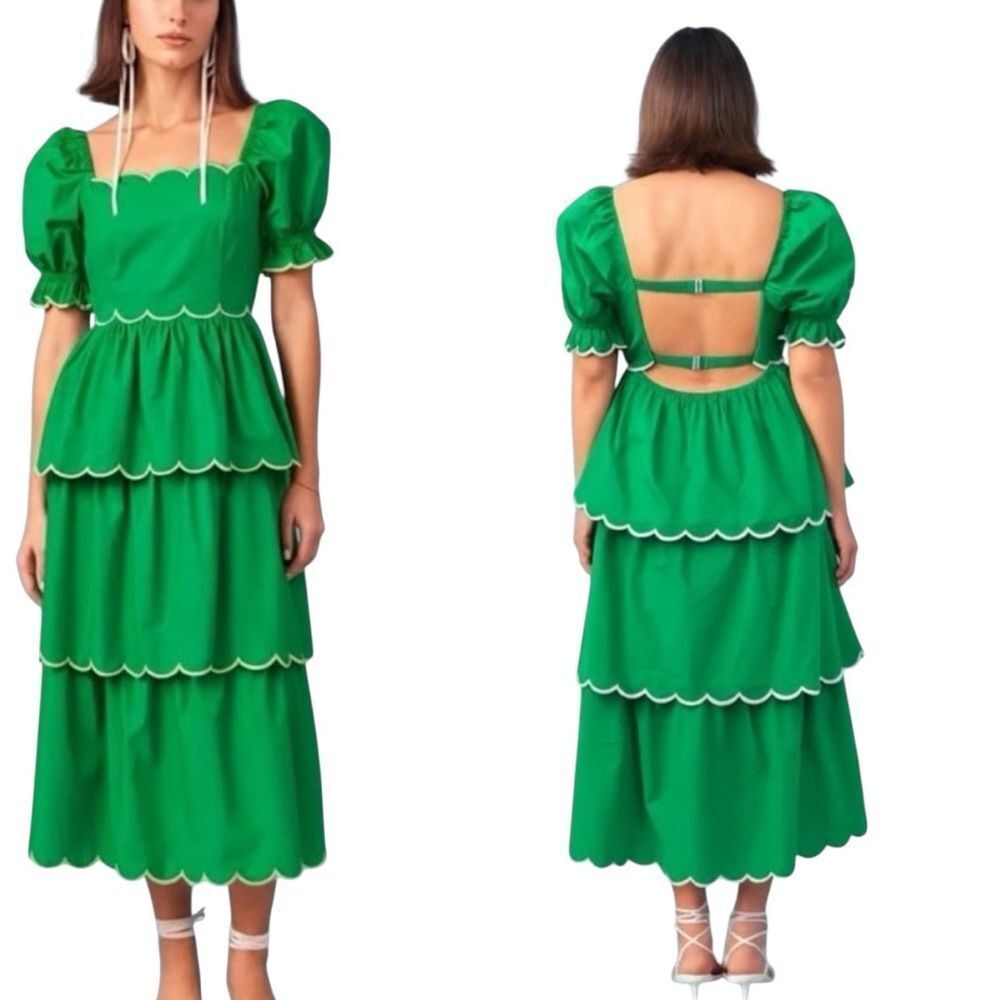 Anthropologie English Factory Kelly Green Scalloped  Puff Sleeve Dress( Medium)